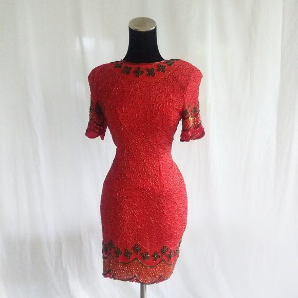 Satan's Secretary Collection | Vintage Women's Red Stenay Cocktail Beaded Dress - Picture 2 of 5